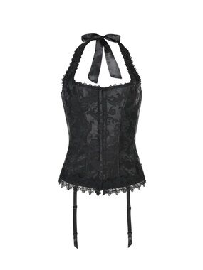 Fredericks of Hollywood NWT Black Lace Halter Corset Top with Garter Straps